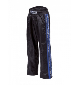 KWON saténové kalhoty černé s modrým pruhem